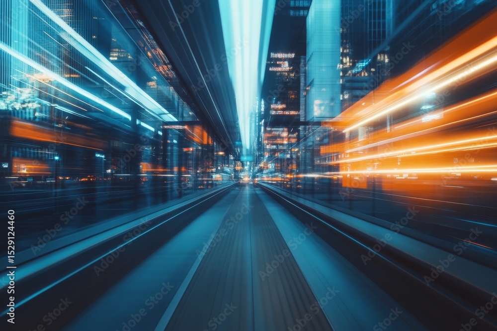 Naklejka premium A dynamic cityscape with light trails creating a sense of high-speed motion through an urban corridor at night.