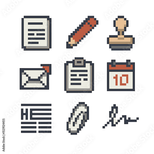 Press Release Icons. Pixel art icon set of press release creation: document, pencil, stamp, email send icon, clipboard, calendar