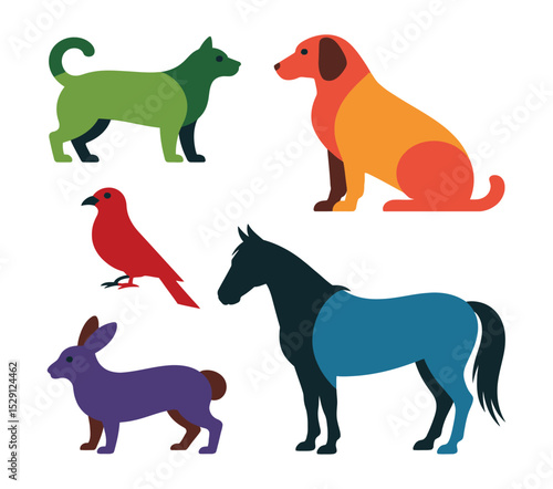 Colorful flat vector illustration of a green dog, orange dog, red bird, purple rabbit and blue horse
