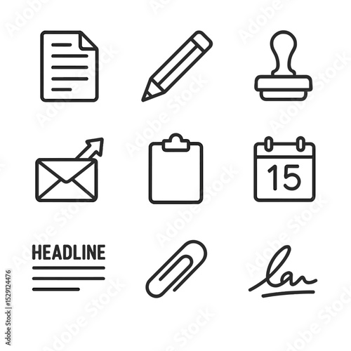 Press Release Icons. Outline icon set of press release creation: document, pencil, stamp, email send icon, clipboard, calendar