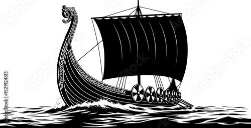 Silhouette of a traditional Norse Viking longship sailing on the open sea
