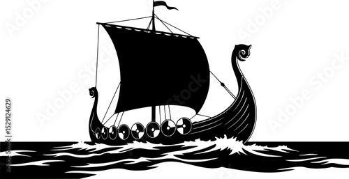 Silhouette of a traditional Norse Viking longship sailing on the open sea
