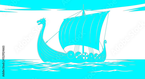 Silhouette of a traditional Norse Viking longship sailing on the open sea
