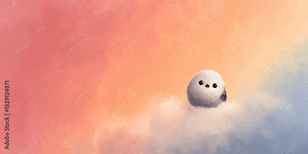 Naklejka premium Charming chibi longtailed tit with big eyes in dreamy cloudy sky digital art serene environment whimsical viewpoint