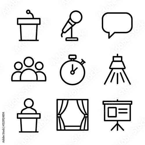 Public Speaking Icons. Outline icon set of public speaking: podium, microphone, audience silhouette, speech bubble, timer,