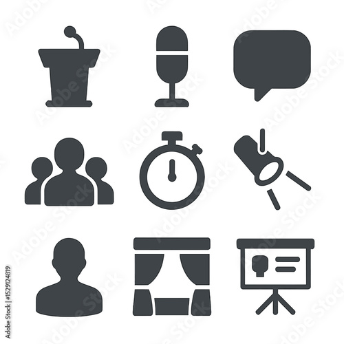 Public Speaking Icons. Flat icon set of public speaking: podium, microphone, audience silhouette, speech bubble, timer, spotlight,