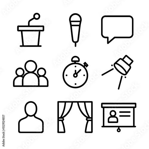 Public Speaking Icons. Outline icon set of public speaking: podium, microphone, audience silhouette, speech bubble, timer,