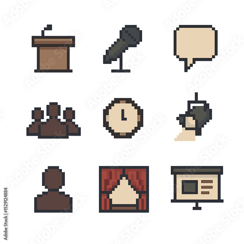 Public Speaking Icons. Pixel art icon set of public speaking: podium, microphone, audience silhouette, speech bubble, timer,