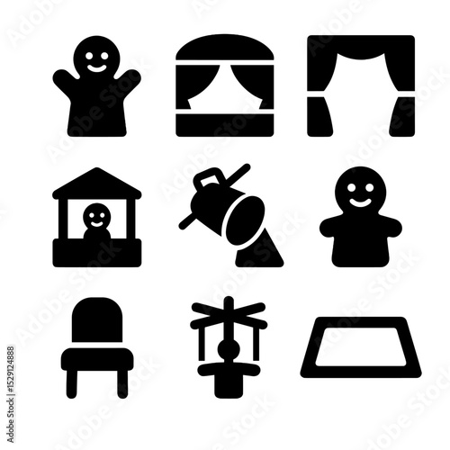 Puppet Show Icons. Solid, Filled icon set of puppet show: hand puppet, blanket stage, curtains, puppet theater, spotlight, smiley