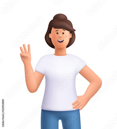 Young smiling woman Jane showing a three fingers gesture, number three. 3d vector people character. Cartoon minimal style.