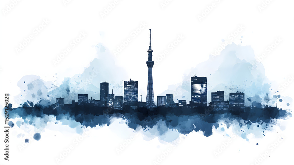 Obraz premium Illustration of Mirai Tower Nagoya City skyline in black and simple watercolor on abstract watercolor background. Watercolor painting background.