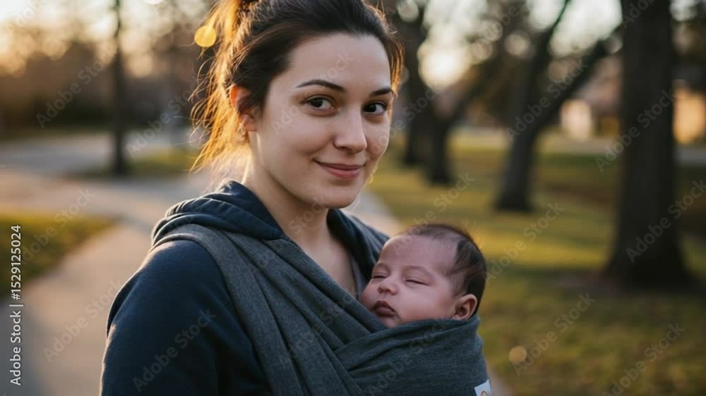 First Walk with Baby in Sling, Deep Eye Bags but Soft Smile, New Parenthood First Walk with Baby in Sling, Deep Eye Bags but Soft Smile, New Parenthood