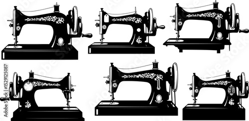 A Silhouette Pattern of Six Vintage Sewing Machines on a White Background
