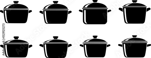 Silhouette icons of six different cooking pots, Set of six black silhouette icons depicting various cooking pots with lids, commonly used for preparing meals in the kitchen. 