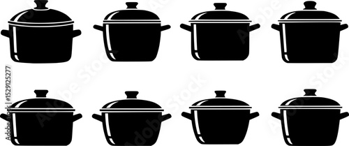 Silhouette icons of six different cooking pots, Set of six black silhouette icons depicting various cooking pots with lids, commonly used for preparing meals in the kitchen. 
