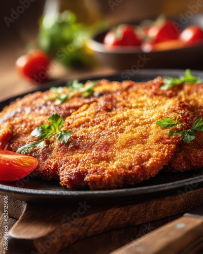 closeup shot ready to serve milanesa on plate shallow  warm natural lighting studio background