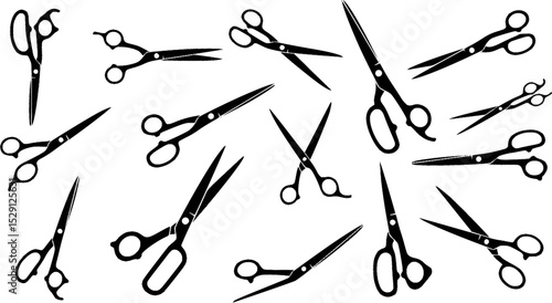 Black scissor silhouettes in different shapes, oriented in different directions, set on white

