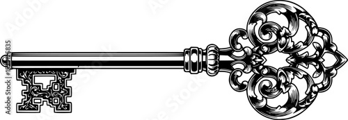 Detailed vintage key silhouette with intricate patterns and elaborate design features

