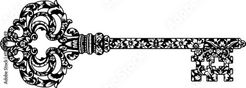 Detailed vintage key silhouette with intricate patterns and elaborate design features
