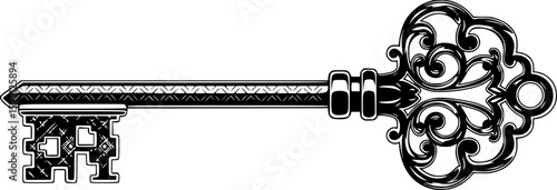 Detailed vintage key silhouette with intricate patterns and elaborate design features
