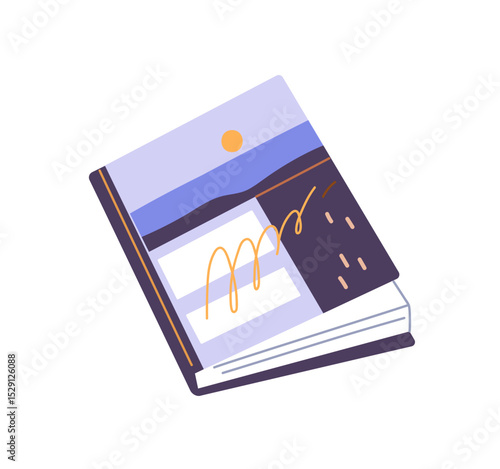 Icon of closed paper book, diary. Photo album with happy memories from travel. Notebook with photography, creative notepad with pictures, notes. Flat isolated vector illustration on white background