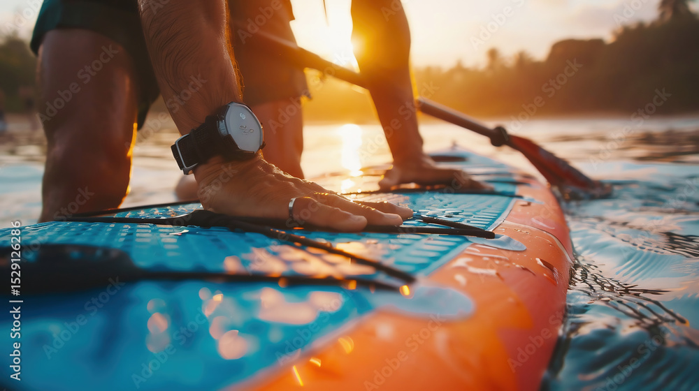 Obraz premium Close-up shots of hands adjusting equipment - paddleboard