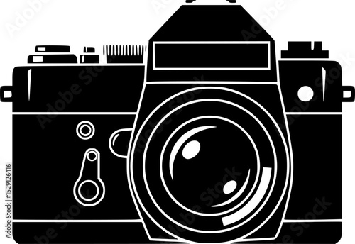 A vintage film camera icon in solid black against a white background