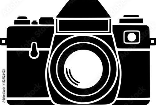 A vintage film camera icon in solid black against a white background