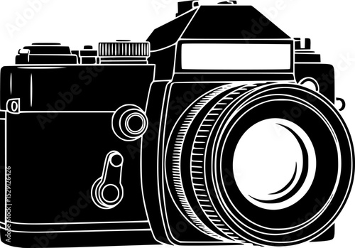 A vintage film camera icon in solid black against a white background