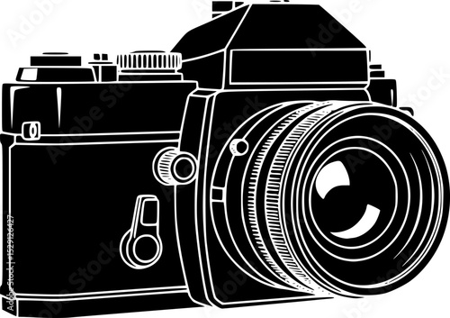 A vintage film camera icon in solid black against a white background