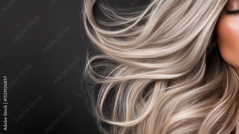 Naklejka premium This close-up image showcases luxurious, flowing hair cascading elegantly against a dark backdrop, highlighting themes of beauty, femininity, and the artistry of hair styling.