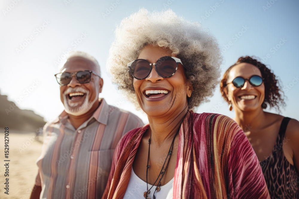 Obraz premium A group of happy seniors enjoying a sunny day at the beach captures pure joy, connection, and the beauty of aging gracefully in a natural setting filled with laughter.