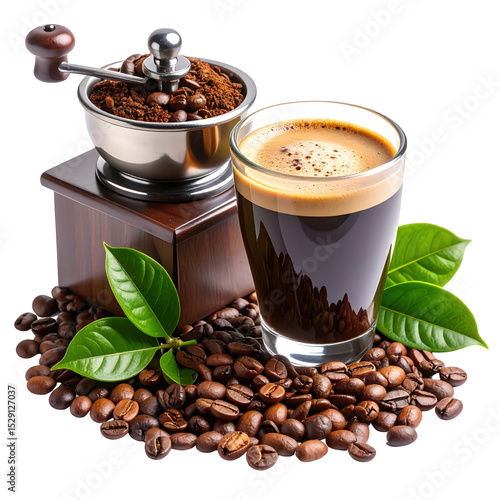 Traditional manual coffee grinder with freshly ground coffee beans, brewed black coffee in a glass cup, surrounded by roasted beans and green leaves on a white background