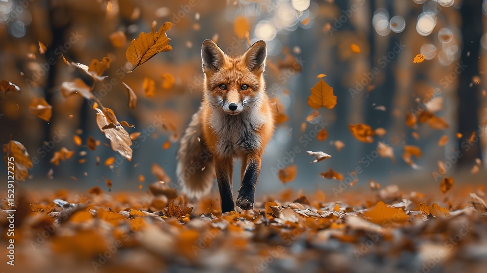 Fototapeta premium A majestic fox strides through a carpet of autumn leaves, surrounded by a misty forest, capturing the essence of nature's beauty and the onset of the fall season.