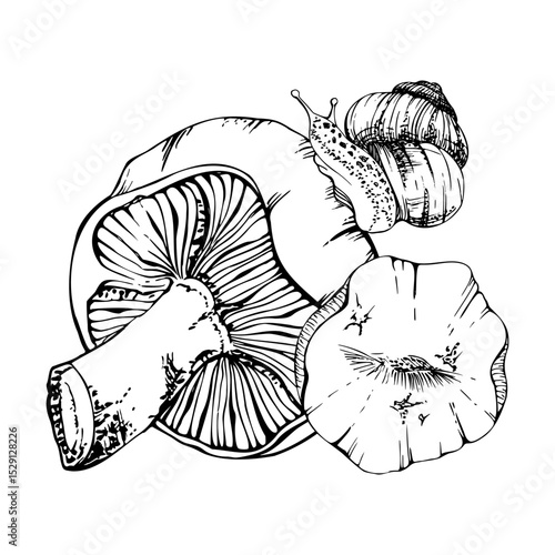 Lactarius milk-cap russula mushrooms with crawling snail on cap. Fungi natural illustration hand drawn in vector ink. Autumn forest harvest. Herbarium, foraging journals, kitchen garden decor art.