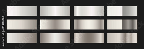 Shiny silver and grey chrome gradient swatches collection. Metallic textures with polished foil shine and satin smooth. Luxury palette for modern and industrial designs and branding