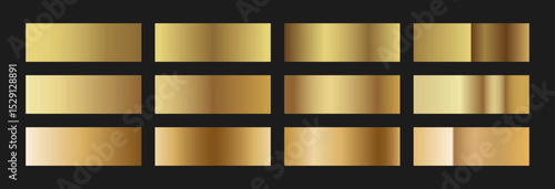 Elegant classic gold gradient swatches collection. Metallic textures with polished foil shine and satin smooth. Glossy palette for premium and luxury designs and branding