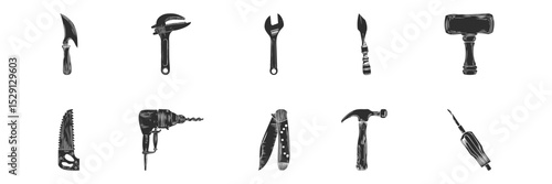 Hand Tools Silhouette Set. Vintage Woodcut Style Illustrations Of Various Tools For Diy And Craftsmanship. Isolated Vector Illustration Collection