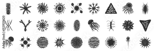 Abstract Microorganism And Virus Silhouette Set. Biological Diversity And Microscopic Life Forms Isolated Vector Illustration Collection