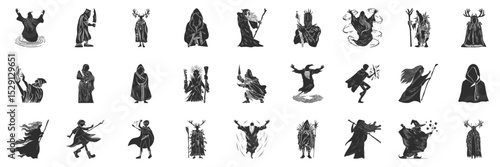 Silhouettes Of Fantasy Wizards And Mystical Figures Set. Magical Characters And Enchanted Beings Isolated Vector Illustration Collection