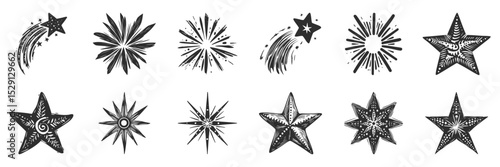 Shooting Stars And Starburst Silhouette Set. Celestial And Cosmic Designs For Decoration And Illustration. Isolated Vector Illustration Collection