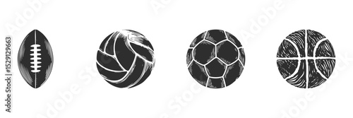 Sports Ball Silhouette Set. Football, Volleyball, Soccer, And Basketball Icons For Athletic Themes. Isolated Vector Illustration Collection