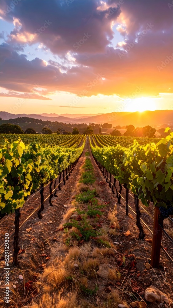 Naklejka premium Dusk setting in a vineyard, perfect for relaxing content 