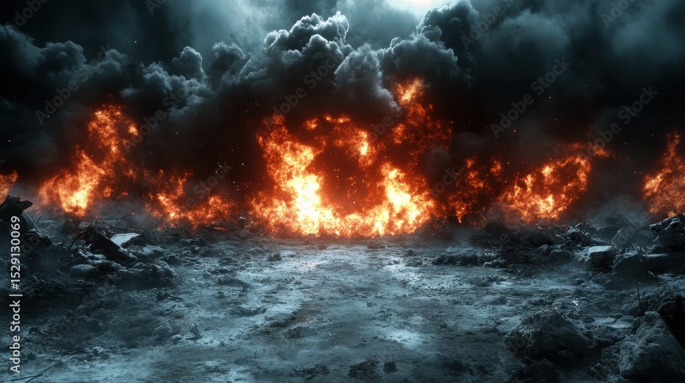 Fototapeta premium A stunning yet terrifying image of a firestorm raging through a desolate, apocalyptic landscape filled with ominous clouds and dynamic flames that evoke fear.