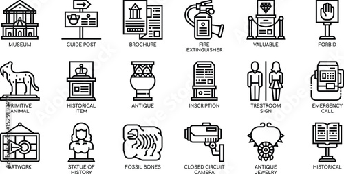 Museum Exhibit Icons  A Comprehensive Collection of Line Art Graphics for Museum Displays, Signage, and Educational Materials.  Perfect for websites, brochures, and applications.