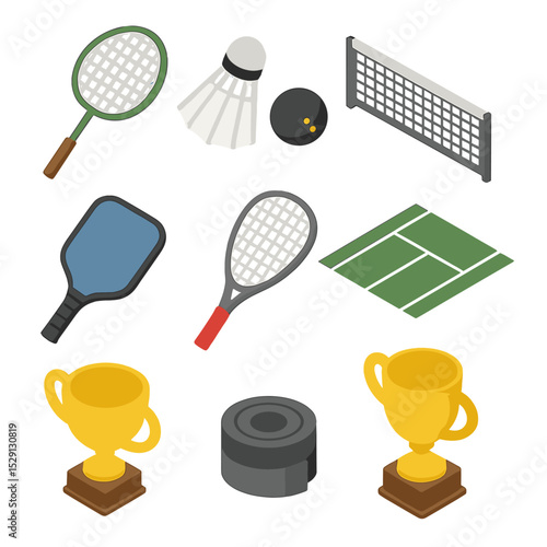 Racket Sports Gear Icons. Isometric Flat icon set of racket sports gear: badminton racket, shuttlecock, squash ball, tennis net,