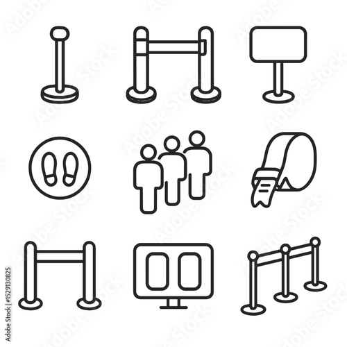 Queue Management Icons. Outline icon set of queue management: stanchion post, retractable belt, queue sign, floor marker, waiting