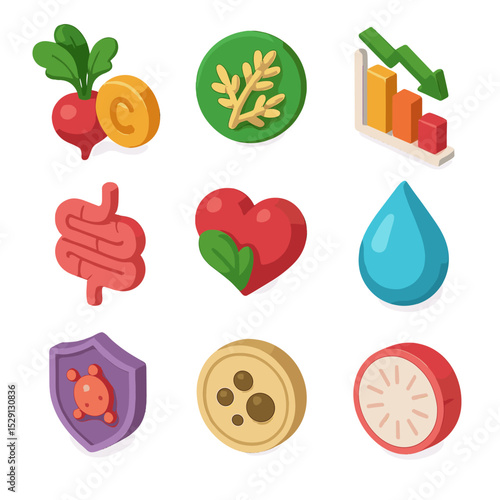 Radish Nutrition Icons. Isometric Flat icon set of radish nutritional info: vitamin C icon, fiber icon, low-calorie chart,