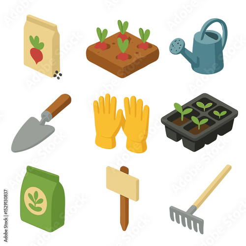 Radish Gardening Icons. Isometric Flat icon set of radish planting and gardening: radish seed packet, soil bed, trowel, watering
