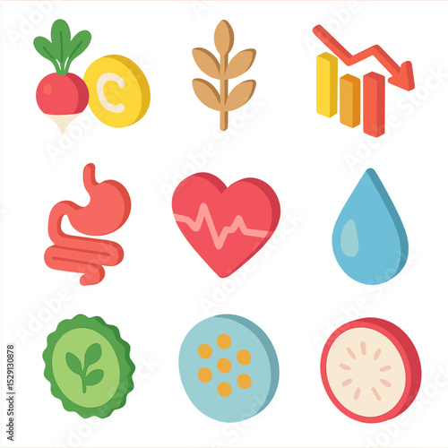 Radish Nutrition Icons. Isometric Flat icon set of radish nutritional info: vitamin C icon, fiber icon, low-calorie chart,